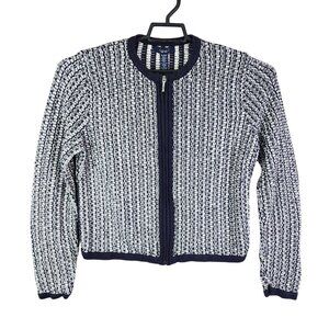 Womens Navy & White Chaps Textured Knit Sweater Jacket Full Zip Long Sleeve XL